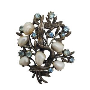 Coro Brooch Baby Tooth Faux Pearl Blue Rhinestone Pin Floral Spray Bouquet Vtg